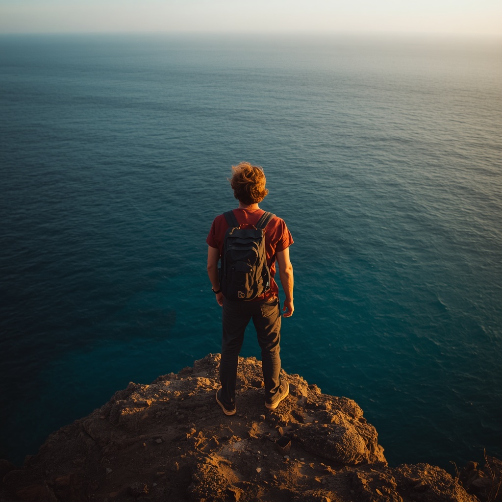 A lone male traveler standing on a dramatic cliff edge overlooking a vast turquoise ocean at golden hour with wind-swept hair and adventure gear, panoramic landscape photography, cinematic lighting
